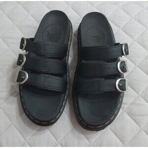 Dr Martens Women’s Leather Platform Sandals Black Size 6L (Fits 6–7) Logo Buckle
